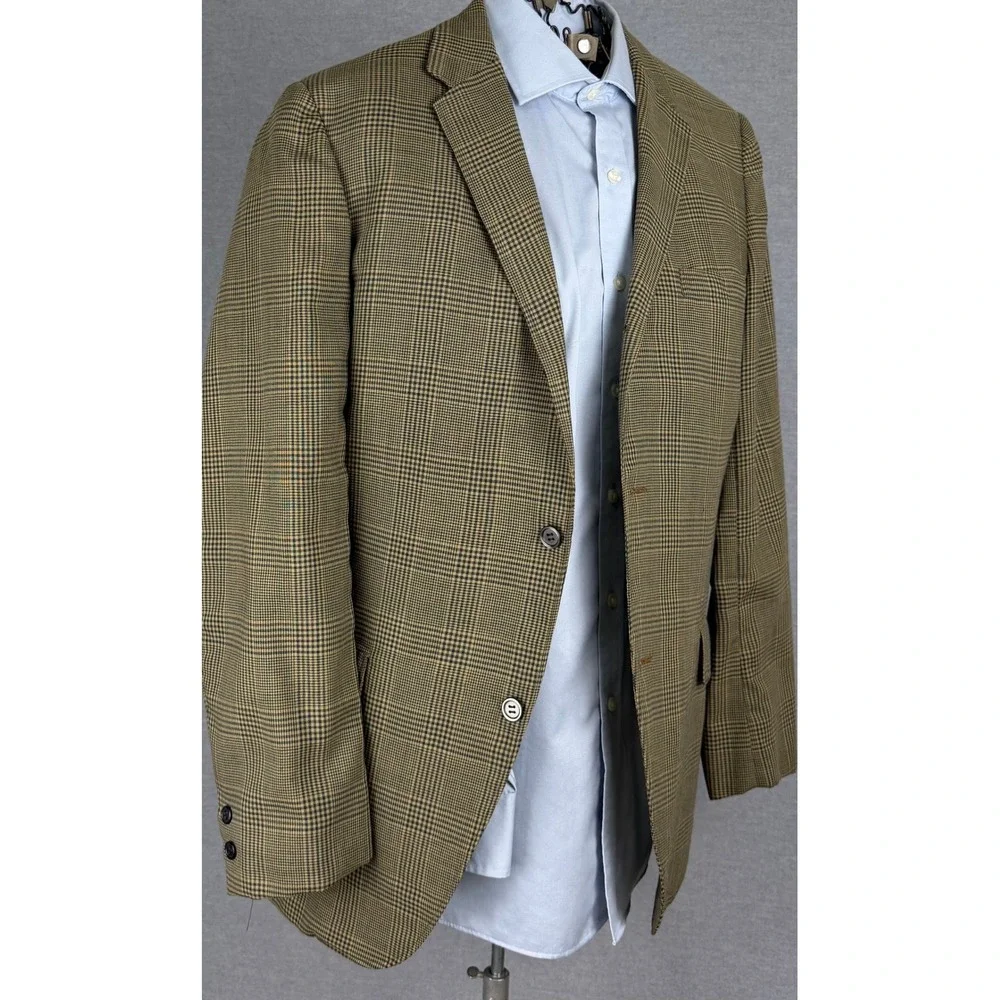 Vintage 60s Bespoke Glen Plaid Sport Coat Blazer Olive Tan 40L Union Made